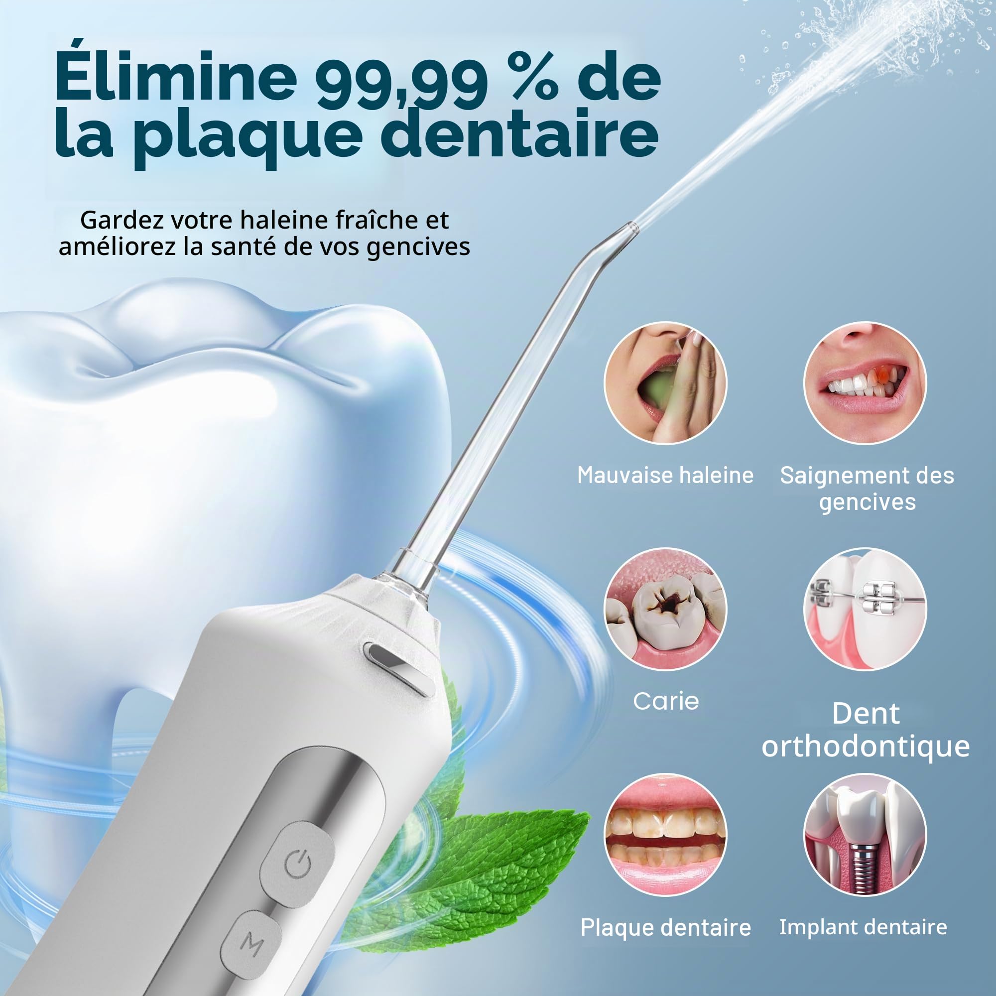 BarberBoss Hydropulseur, éliminateur de plaque dentaire, Hydropulseur électrique, Irrigateur dentaire avec 5 embouts jet et modes nettoyage, Irrigateur buccal, Nettoyeur de dents, QR-7024, (Blanc)