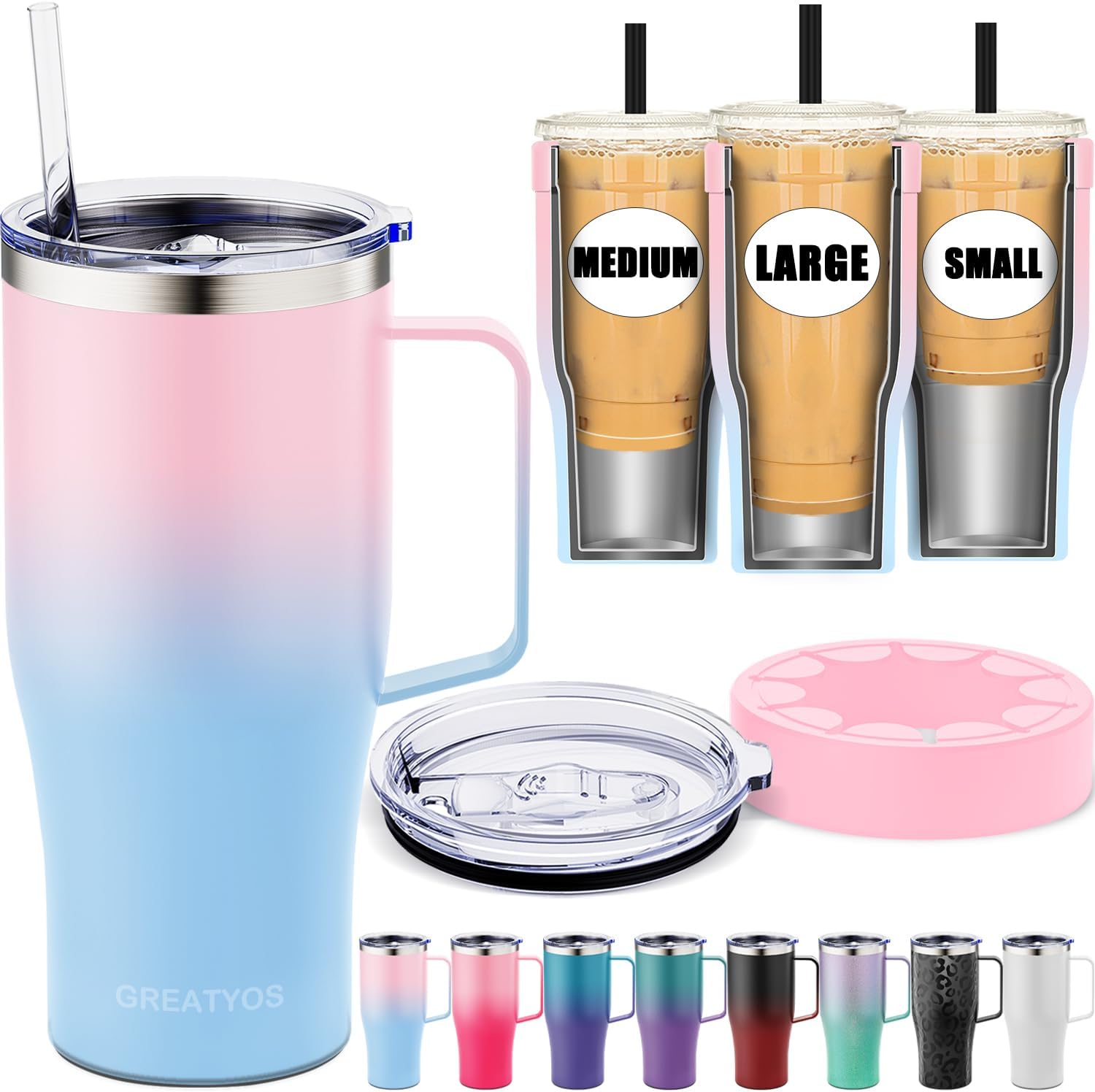 Universal Iced Coffee Sleeve with Handle - Insulated Double Wall Reusable Stainless Steel Holder Insulator for Cold Drinks Fits Small Medium Large To Go Cups Gifts for Men Women Him Her (Sweet Taffy)