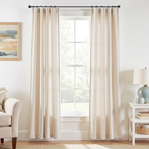 jinchan Cortinas de lino beige de 84 pulgadas de largo para sala de estar, granja con bolsillo para cortinero, pestaña trasera, cortinas de ventana