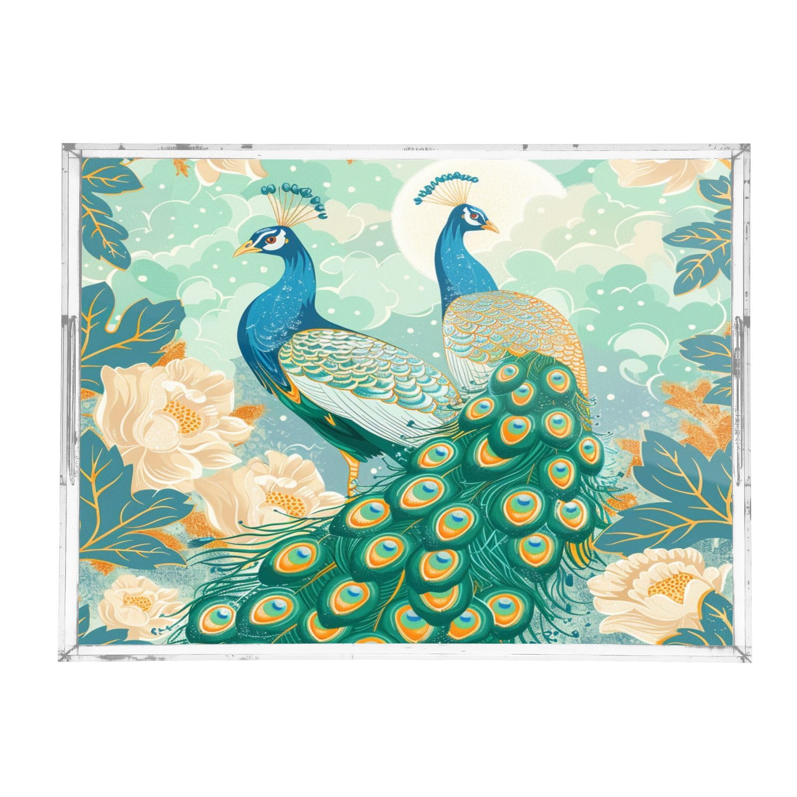 IOACIY Clear Serving Tray 12x16 Inches Acrylic Decorative Tray Organiser for Ottoman Coffee Table Countertop with Handles, Peacock (13)