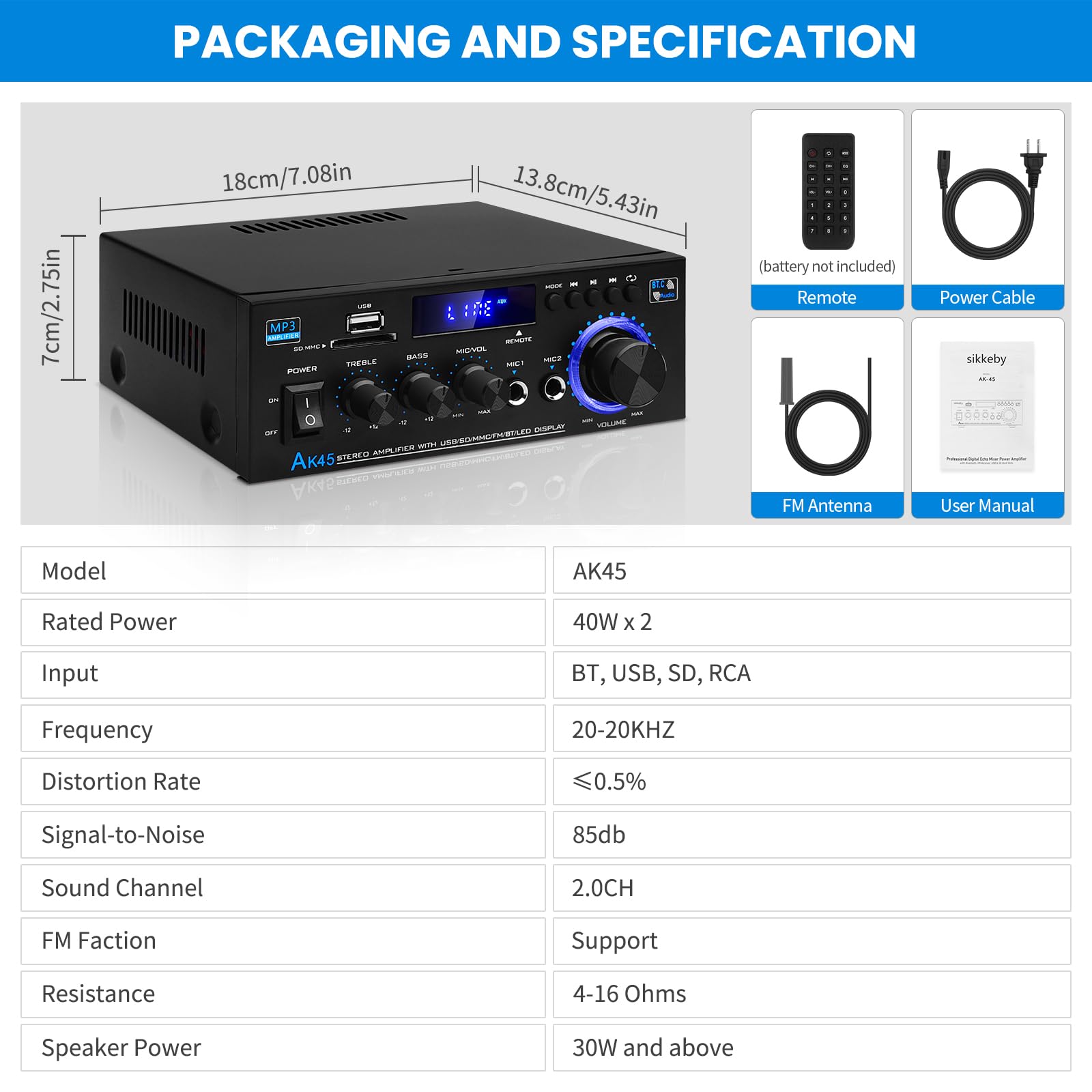 AK45 Bluetooth 5.0 Power Amplifier 2.0CH 40W x 2 Output Max 400W Subwoofer Hi-Fi Audio Amplifier Stereo Amp Receiver for Home Theater and Car Speaker W/Mic USB FM Radio — Amazon image 8