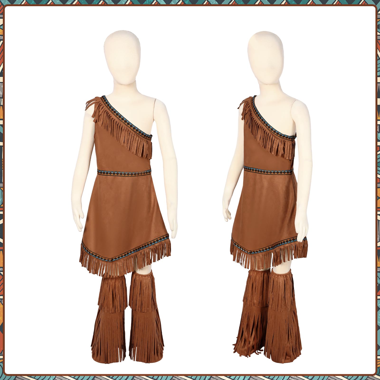 Shihanee 4 Pcs Kids Native American Costume Set Indian Maiden Princess Dress Outfit for Girls Halloween Cosplay (8-9 Years)