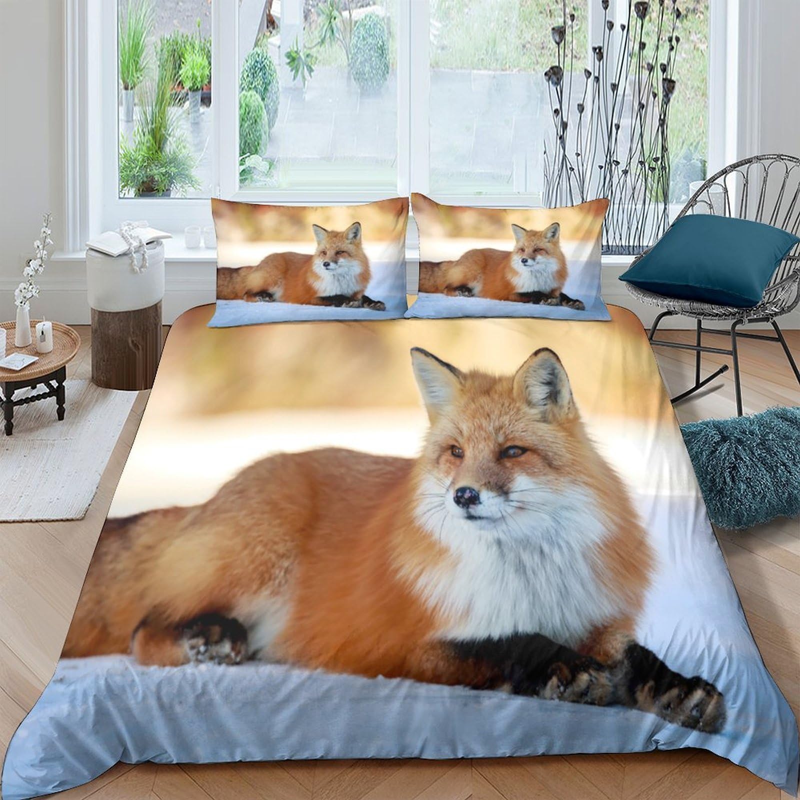 GPLZQXKJNH 3D Printed Fox Forest Duvet Cover Set Microfiber Soft Breathable Woodland Animal Bedding Set 2 Pillowcases for Bedroom Decor Single（135x200cm）