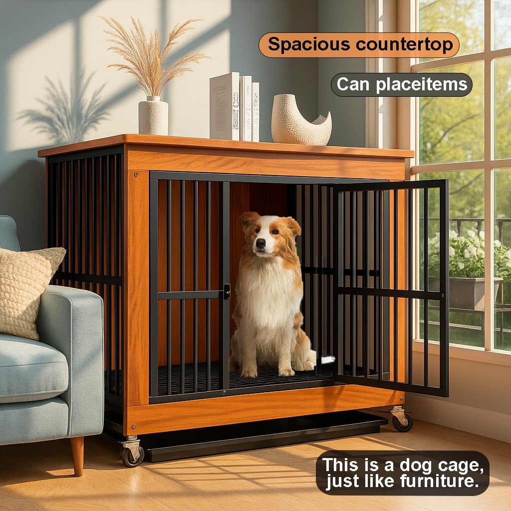 Hundekäfig Möbel für Wohnzimmer, 96×67×89,5cm XL, Hundebox mit 2 Türen, Verstärkte Metallkonstruktion, Kausicher, Hundekäfig für Hunde bis 40kg, Walnuss Holzoptik