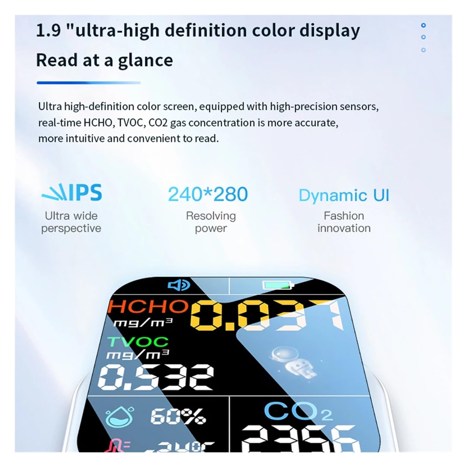 Détecteur De Qualité L'air, Résolution 240x280, Capteurs À Semi-conducteurs Haute Sensibilité 5 en 1 HCHO TVOC CO2, Testeur Température Et D'humidité Rapide Et PréCis(White)