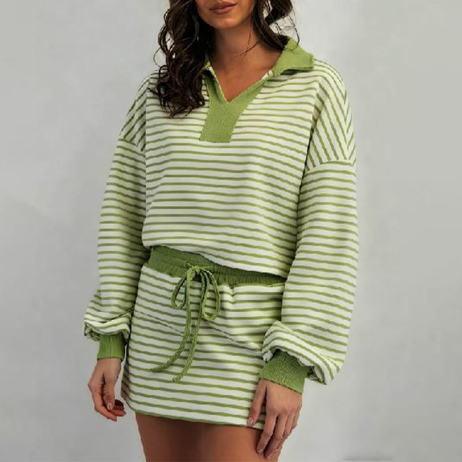 Sexy outfit Damski zestaw w paski Bluza z długim rękawem i dopasowana spódnica ze sznurkiem Casual 2-częściowy zestaw odzieży codziennej Streetwear
