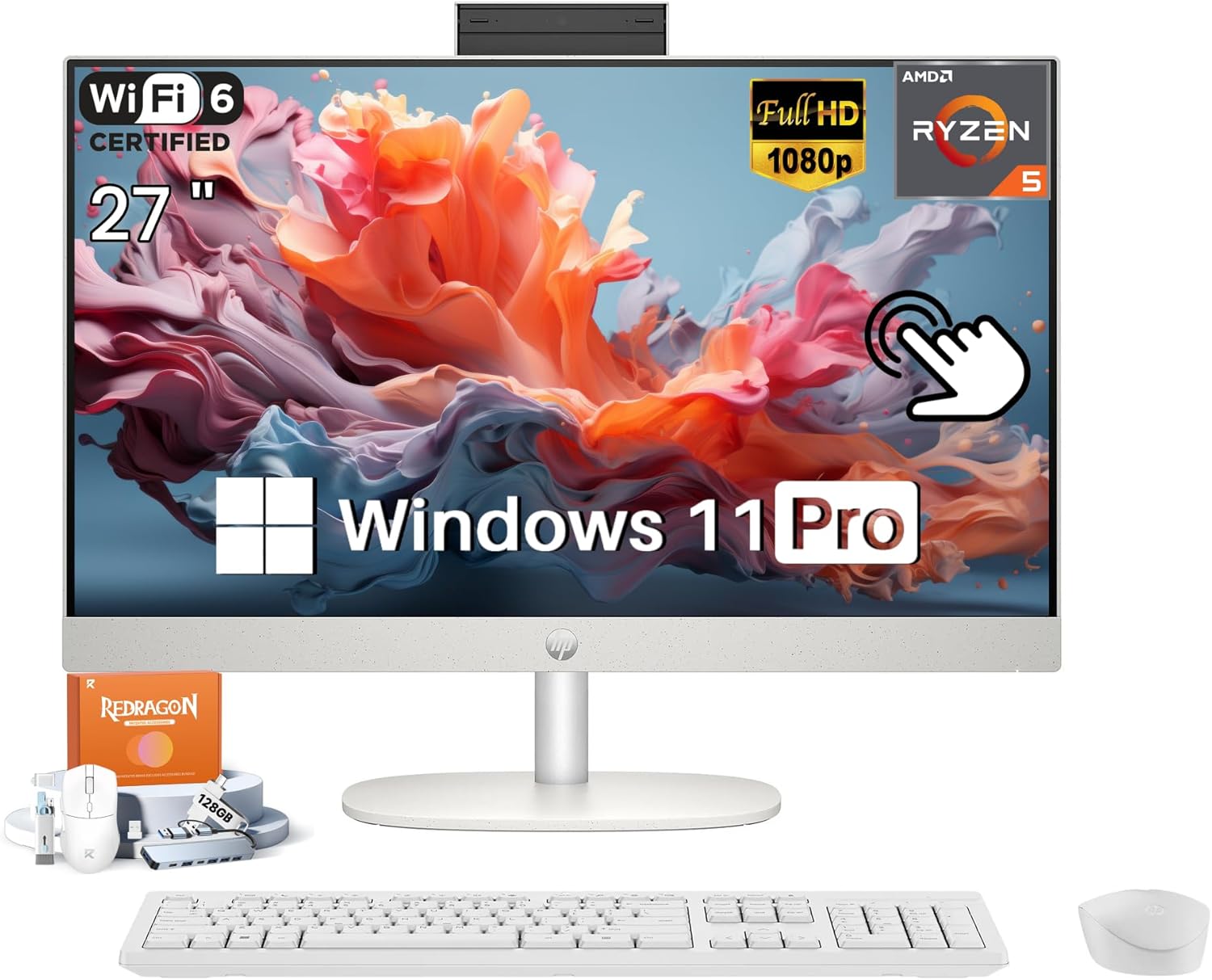 HP 27 Inch All in One Desktop Computer Touchscreen, AMD Ryzen 5 7520U(Max 4.3 GHz), 27” FHD IPS, 16GB RAM, 2TB SSD, WiFi 6, BT 5.3, Business & Home, Wireless KB and Mouse, Win 11 Pro, Accessories