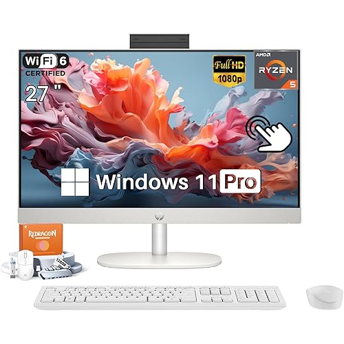 HP 27 Inch All in One Desktop Computer Touchscreen, AMD Ryzen 5 7520U(Max 4.3 GHz), 27” FHD IPS, 16GB RAM, 1TB SSD, WiFi 6, BT 5.3, Business & Home, Wireless KB and Mouse, Win 11 Pro, Accessories