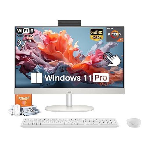 HP 27 Inch All in One Desktop Computer Touchscreen, AMD Ryzen 5 7520U(Max 4.3 GHz), 27” FHD IPS, 16GB RAM, 1TB SSD, WiFi 6, BT 5.3, Business & Home, Wireless KB and Mouse, Win 11 Pro, Accessories