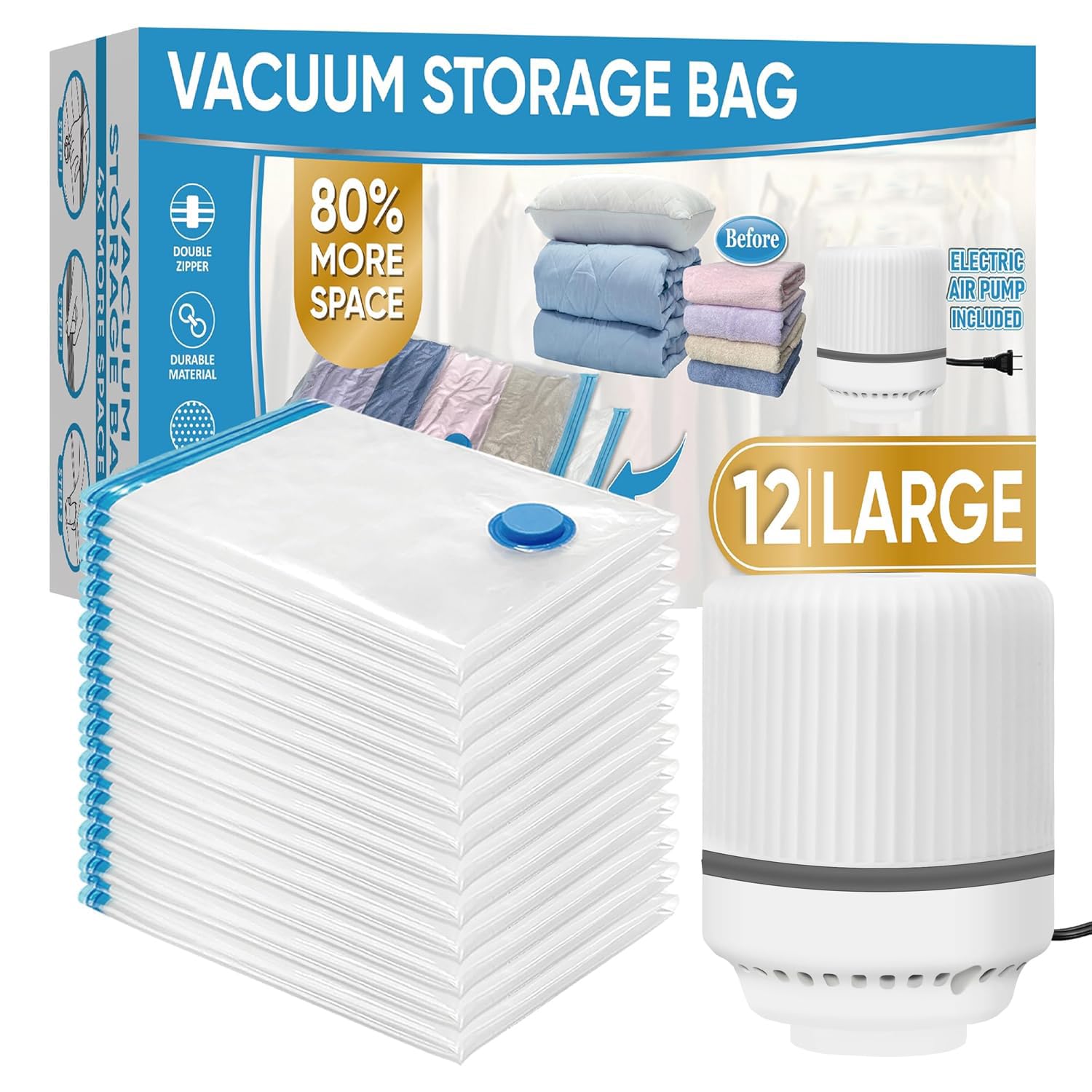 RAVIDO 4PCS (60 * 80CM) Vacuum Storage Bags with Electric Pump, Space Saver Bag Vacuum Seal Bags with Pump, Space Bag, Vacuum Sealer Bags for Clothes, Comforters, Blankets, Bedding (4 Large)