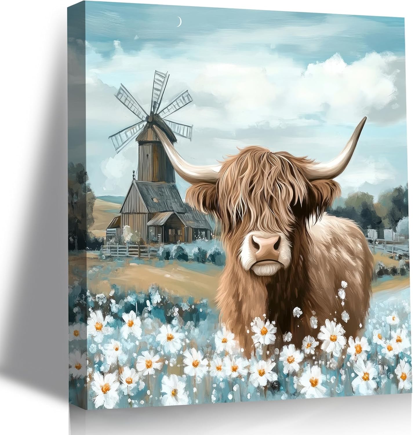 Highland Cow Wall Art Countryside Farmhouse Cow poster Decoration Windmill White Daisy Flowers Print Picture Landscape Animal Painting Canvas Suitable for Kitchen Bedroom Living Room Framed