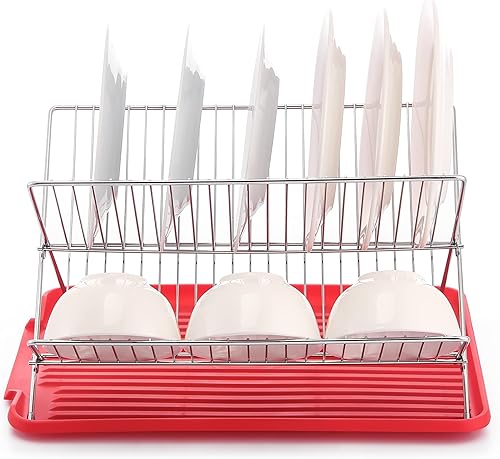 Miniatura 9 de J&V TEXTILES Escurridor de platos plegable con escurridor, escurridor de acero inoxidable de 2 niveles, estante plegable plegable para fregadero de