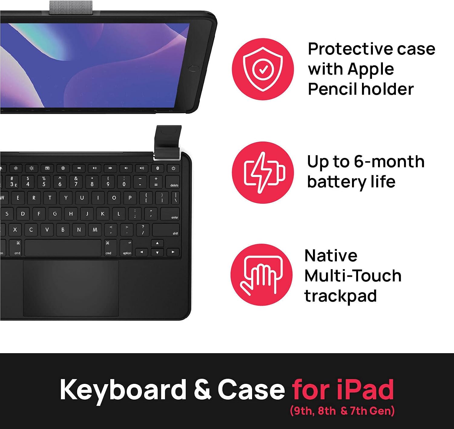 Key features of Brydge 10.2 MAX+ including protective case, 6-month battery life, and multi-touch trackpad.