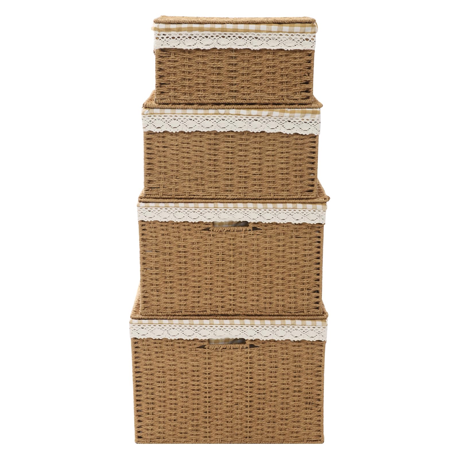 Set di 4 cestini in corda intrecciati con vassoio portaoggetti rettangolare impilabile rustico, cestino biancheria sporca con coperchio organizer, giocattoli, vestiti, con manico e fodera cesti
