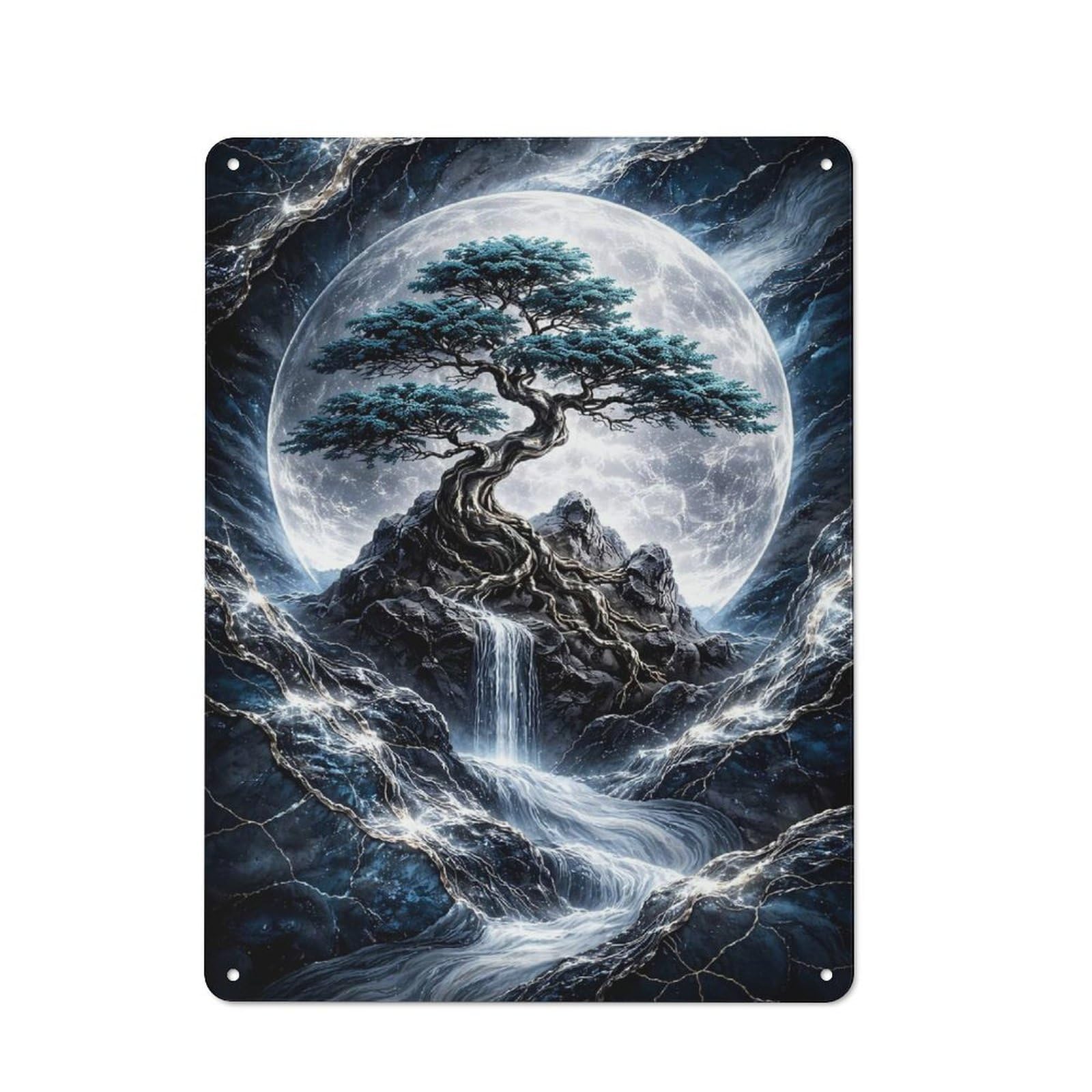 Junmoney Style-22 Rustic Metal Sign 40X30cm Featuring Enchanted Moonlit Bonsai Waterfall For Hallway Wall, A Decorative Gift For A Newly Furnished Hallway