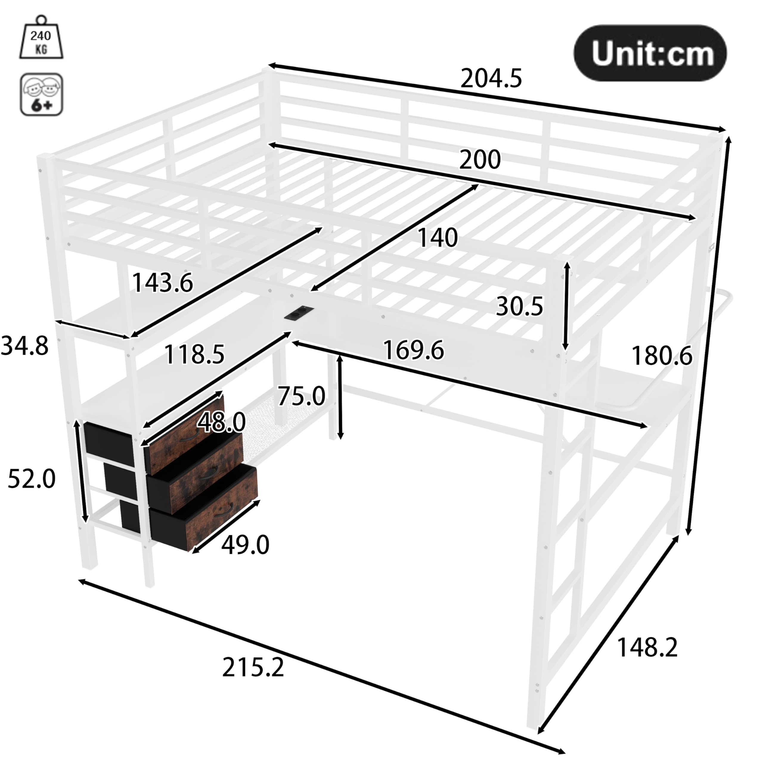 Letto a soppalco 140x200cm con telecomando presa + USB letto singolo con 3 cassetti di spazio portaoggetti ripiani ringhiere scale letti in metallo per gli per adulti ospiti bianco