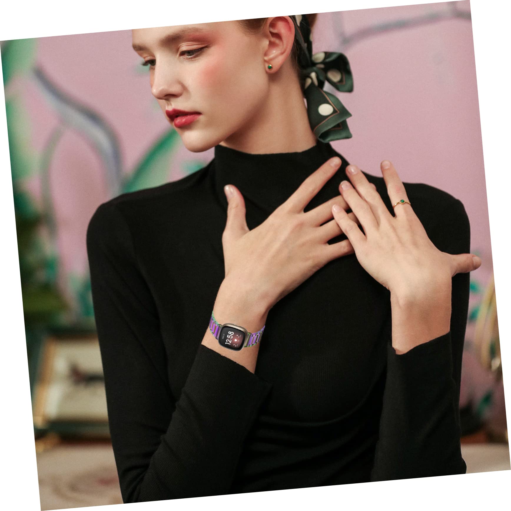 BESPORTBLE Watch Band for Sense Durable Metal Wrist Strap Easy to Install with Upgraded Buckle Fits Wrists Stylish Replacement Bracelet Rainbow