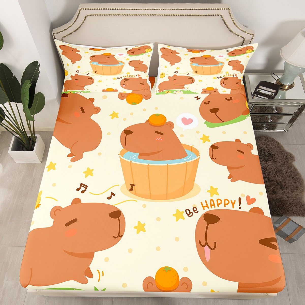 Set di biancheria da letto con angoli Capybara marrone con motivo a fumetti Capybara Set di lenzuola per bambini ragazzi ragazze floreale Capybaras copriletto Decor camera in microfibra set letto sin
