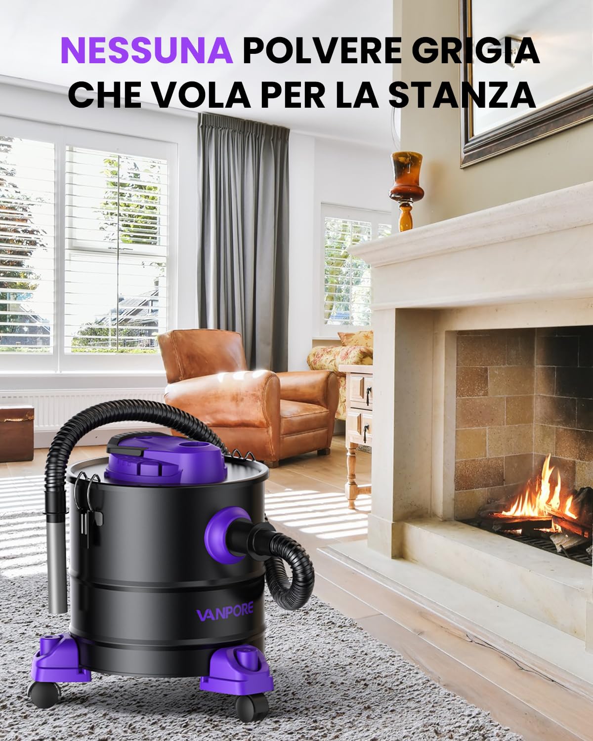 Aspiracenere Stufa Pellet, aspiracenere 20 l, potenza di aspirazione potente 1200 W, per camino, barbecue a pellet, forno e braciere (viola)