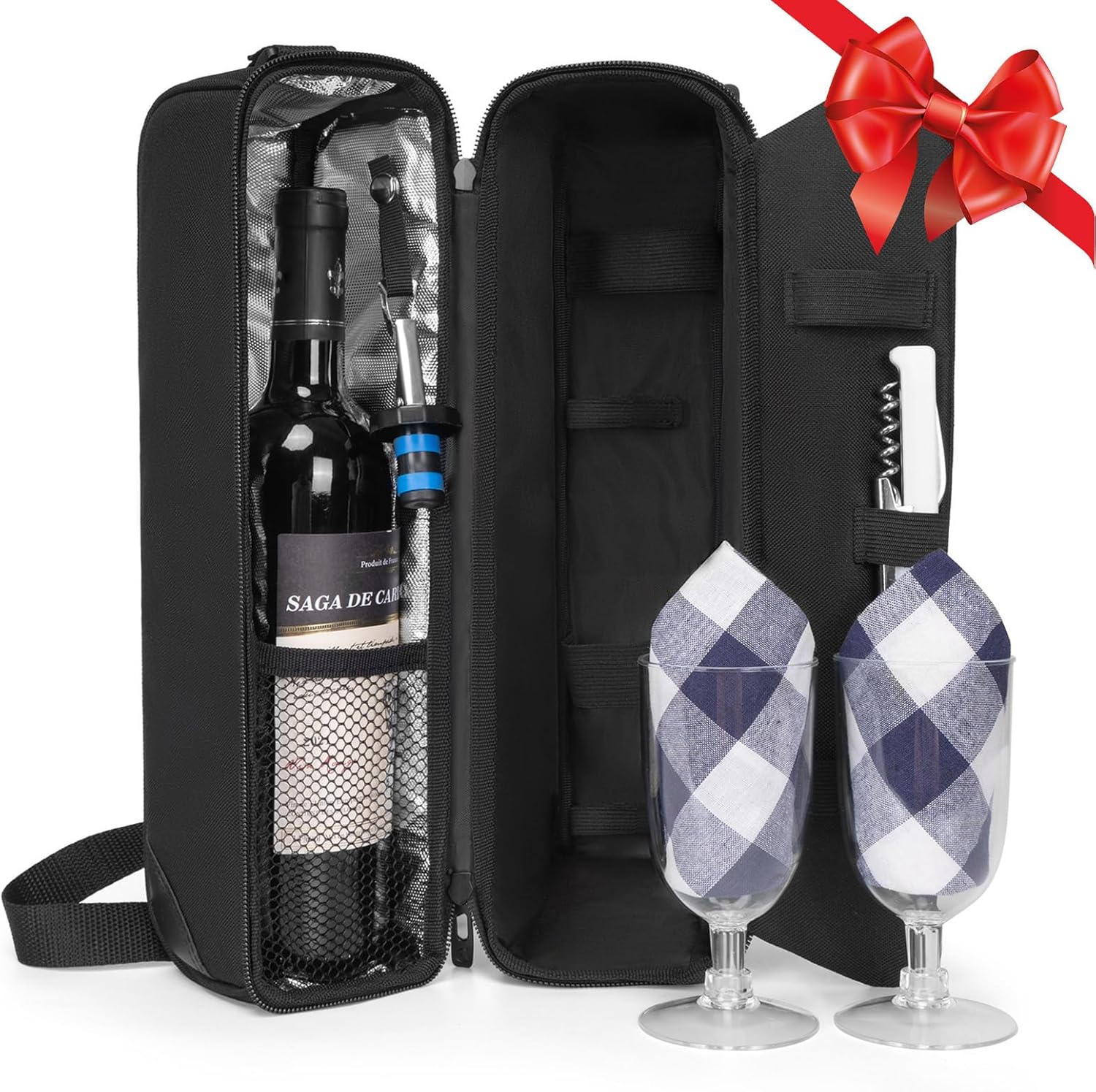 ALLCAMP Wine Bag - Insulated Cooler Bag with Wine Glasses, Bottle Opener &amp; Wine Accessories for Wine Lovers - Portable Wine Gift Bag for Travel, Picnics, and Gift Ideas(Black) Global Recycled Stan