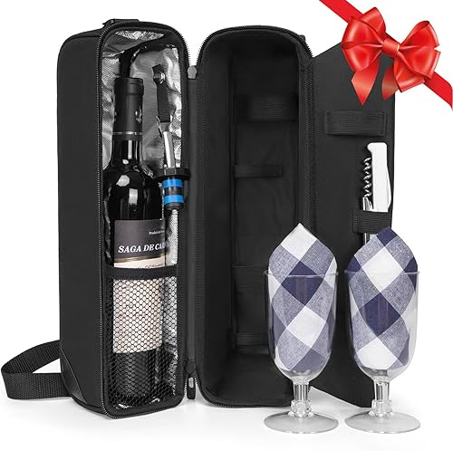 ALLCAMP - Bolsa de vino con compartimento refrigerador, juego de picnic que lleva dos juegos de vajilla Negro
