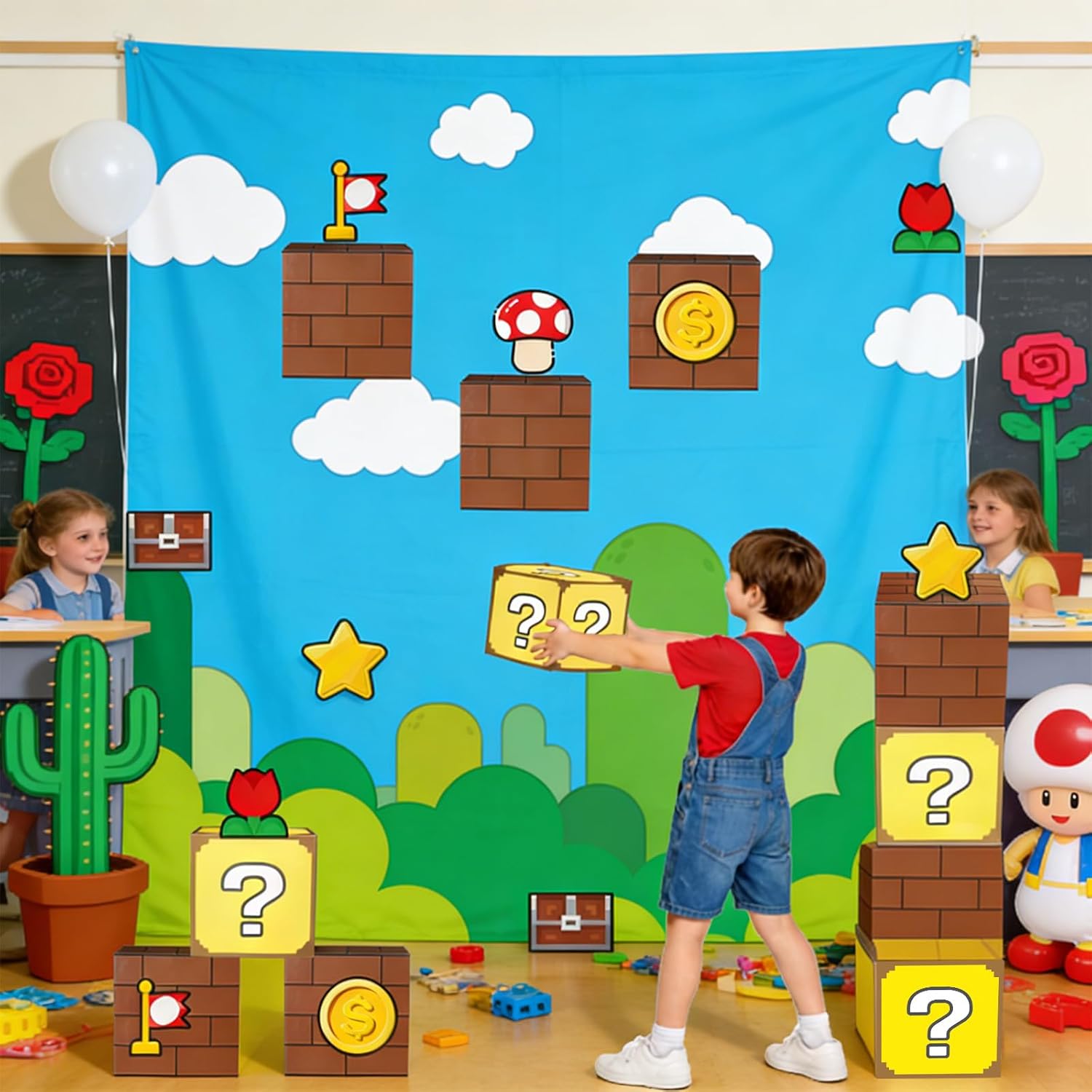 Super Theme Brother Party Decorations DIY Video Game Backdrop Banner with Brothers Theme Party Boxes Mushroom Gold Coin Paper Cutouts Wall Decor for Cartoon Gamer Birthday Supplies Photo Booth Props