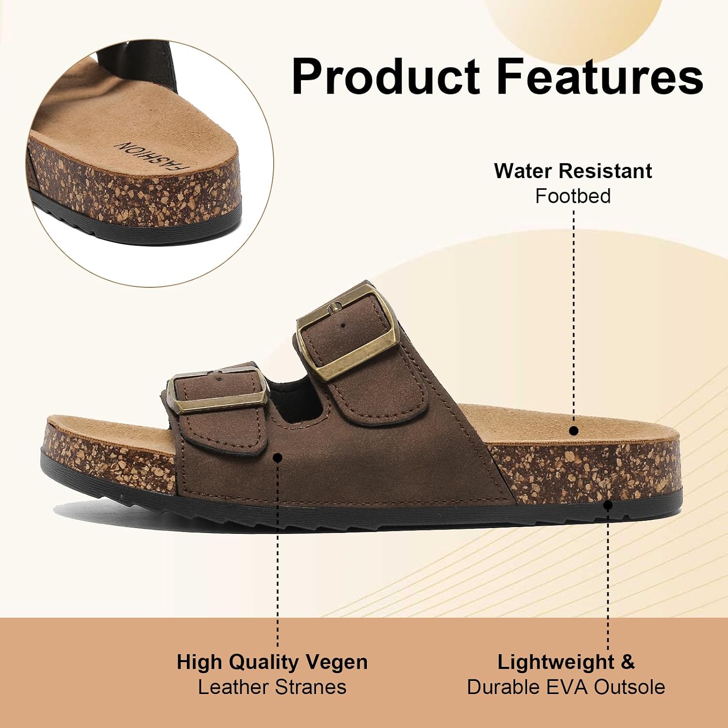 Women's Cork Footbed Sandals – Comfortable Summer Slides with Memory Foam & Arch Support, Adjustable Double Buckle Sandals for Vacation & Outdoor Wear