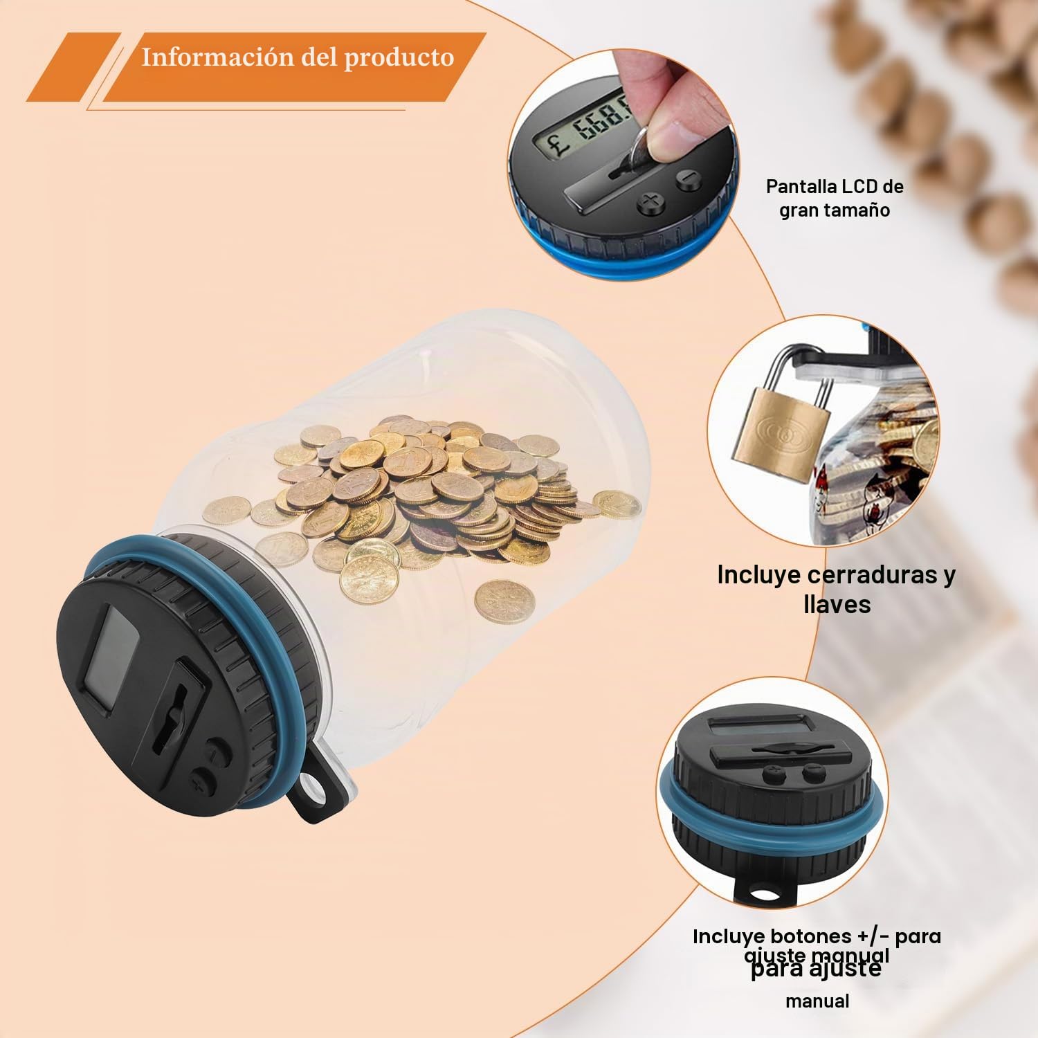 Hucha Digital con Contador, 1,8 L Banco de Monedas, Hucha Electrónica de para Euros, Bote Automática para Contar Monedas y Ahorrar Dinero con Cerradura, Caja de Moneda con Pantalla LCD de Alcancía