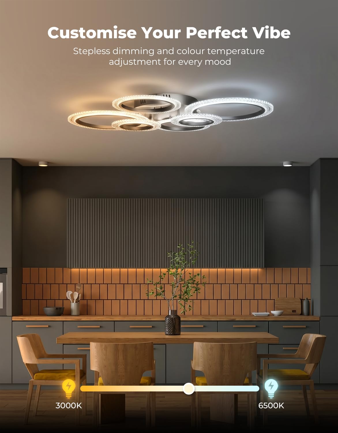 Lampadario Soggiorno Smart a 6 Anelli, Plafoniera Soffitto LED Compatibile con Alexa e Google Home, Luce a Soffitto Dimmerabile App/Tuya (40W, 4000LM), Funzione Memoria e Timer, Nero