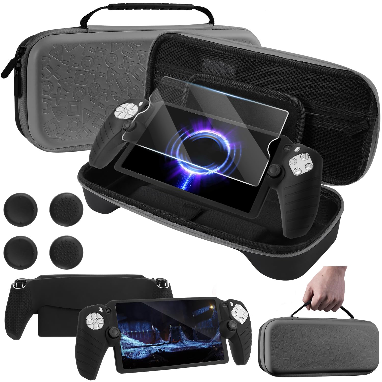 Zestaw akcesoriów 8 w 1, kompatybilny z PlayStation Portal, etui portal z silikonowym etui ochronnym, kompatybilne z ps5, ochrona ekranu z 4 uchwytami na kciuki - czarny i biały