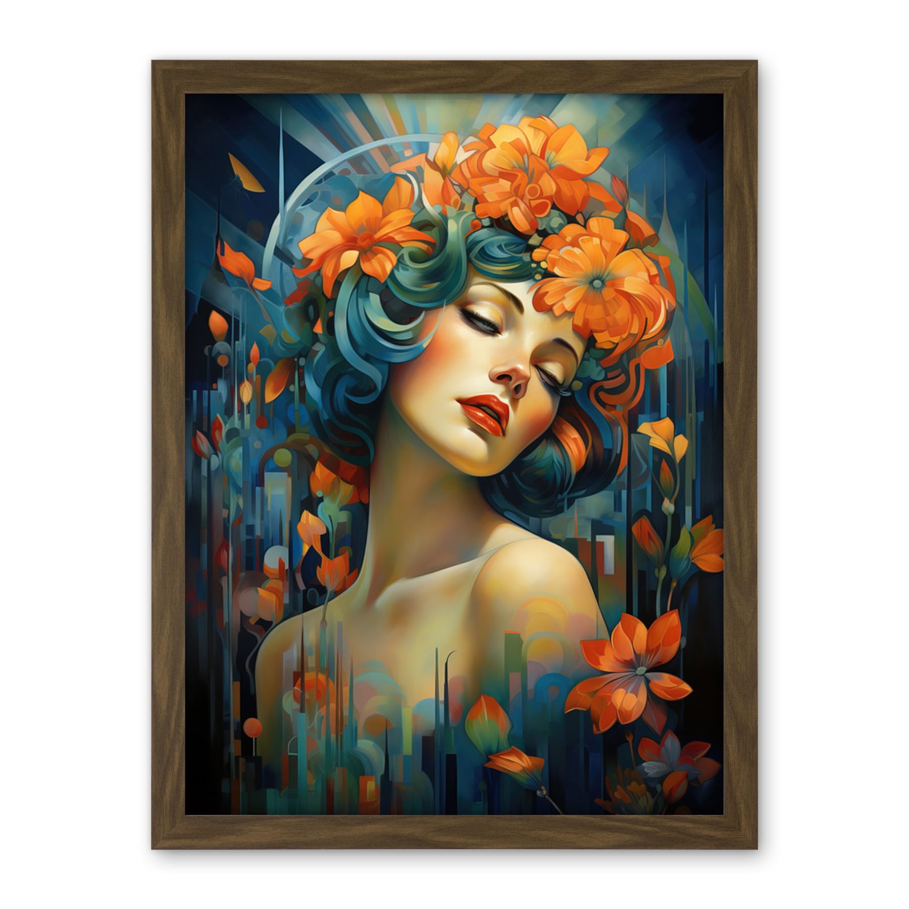 Artery8 Woman Portrait with Flowers Modern Art Deco Vibrant Artwork Orange Blue Floral Headband Artwork Framed Wall Art Print 18X24 Inch