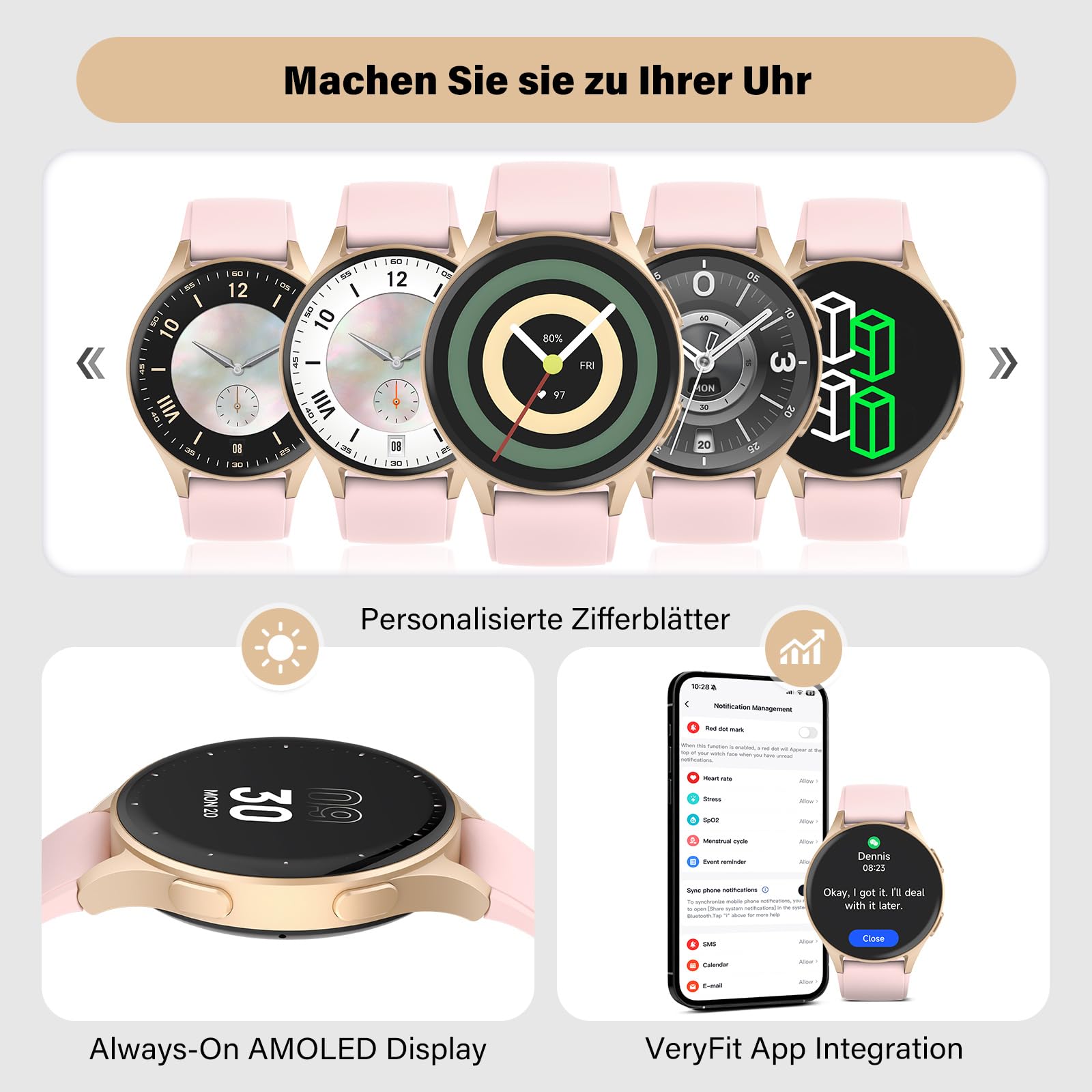 Smartwatch Damen Rosa mit GPS & Telefonfunktion, 1.32" AMOLED Fitness Tracker mit Alexa, 110+ Sportmodi, Pulsuhr/Schlafmonitor/Body Energy, 5ATM Wasserdicht, Sportuhr für iOS Android