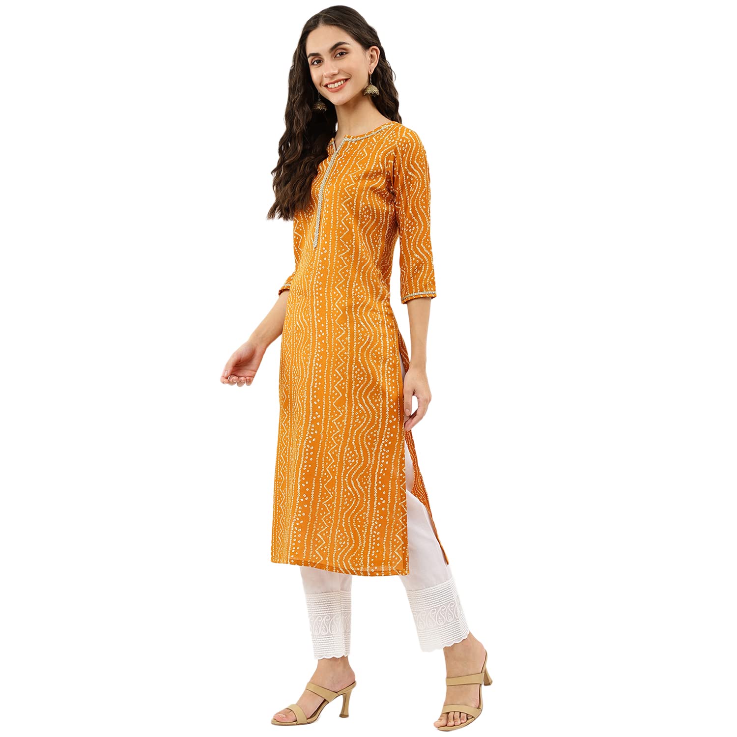 Nainvish Women's Cotton Blend Printed Straight V-Neck Kurta (Sd360_K-Xxl_Yellow)