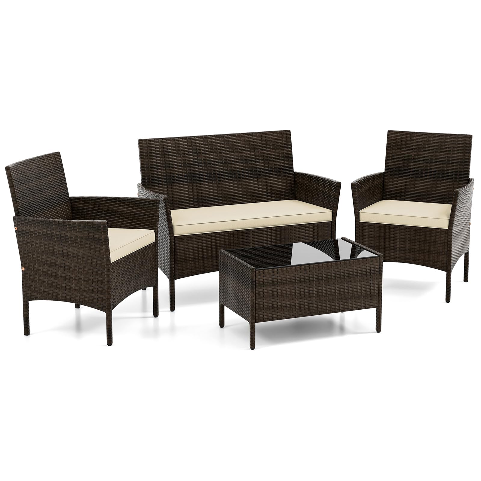 DORTALA 4-Piece Rattan Patio Furniture Set, Outdoor Table & Chair Set with Tempered Glass Coffee Table, Cushion, Wicker Conversation Set for Garden,