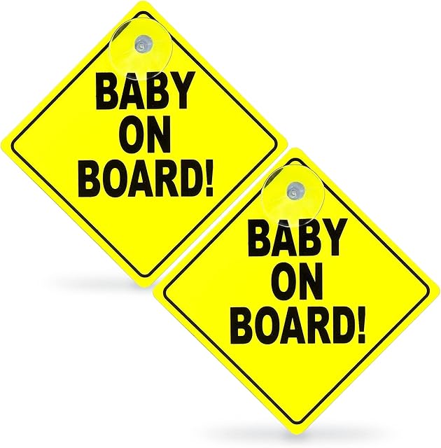 2pk Baby On Board Sign for Car | Bright Yellow Baby on Board Sticker for Car | Child on Board Car Sign | Powerful Suction Cups Attach To Glass Surface | Baby on Board Car Sign | Baby On Board Car Sign