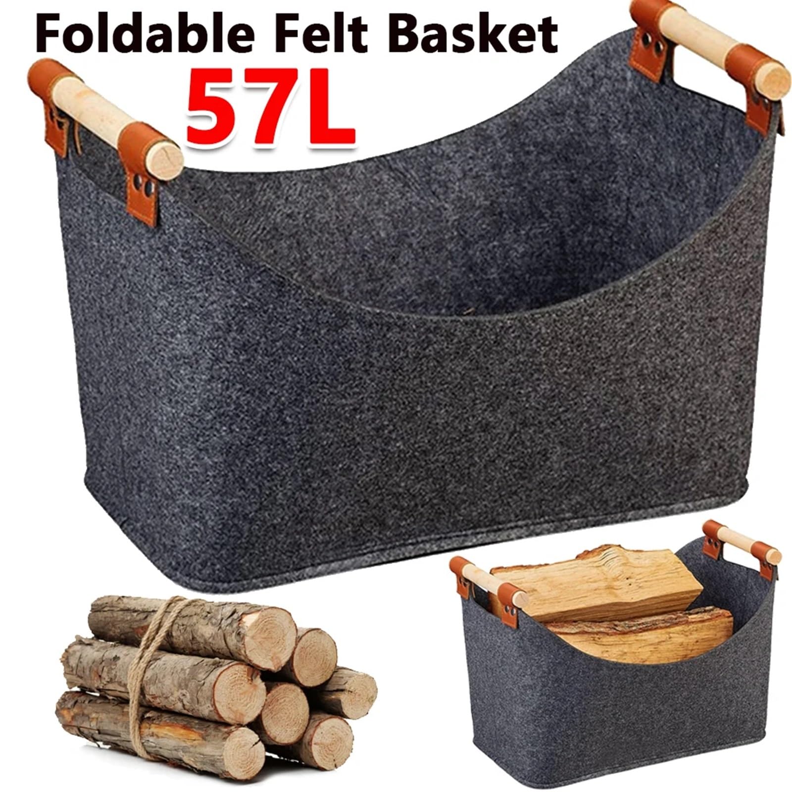 Cesto Pieghevole in Legno con Manici in Legno Cesto portaoggetti Pieghevole for Vestiti da 57 Litri Borsa Porta Legna da ardere di Grande capacità