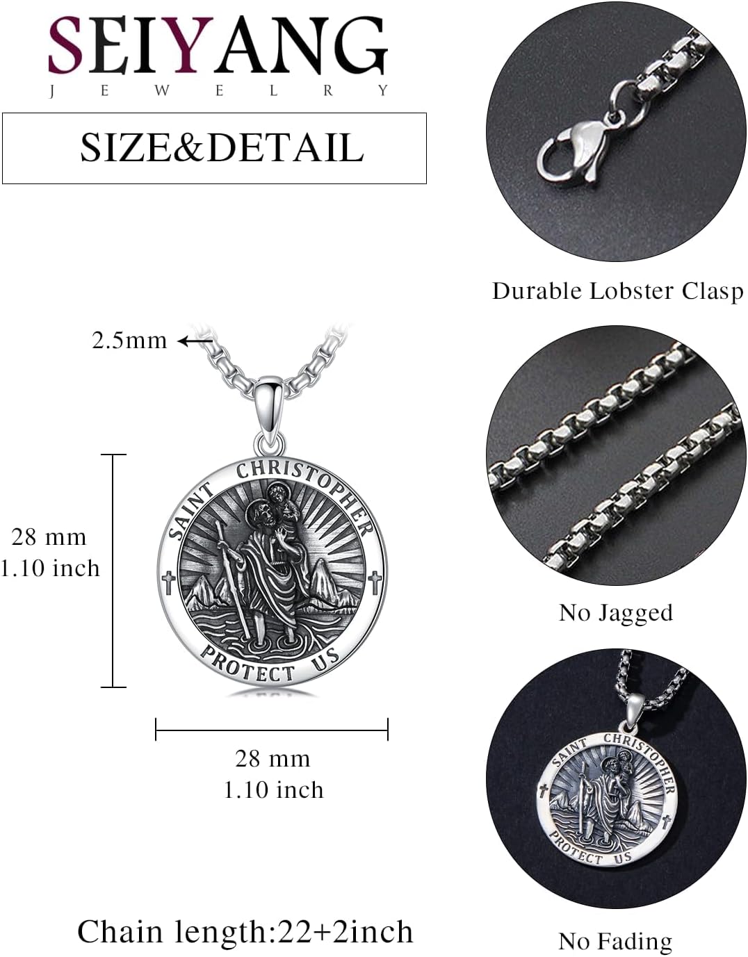 Seiyang Saint Necklace 925 Sterling Silver Patron Amulet Medal Jewelry for Men Women (with Gift Box)