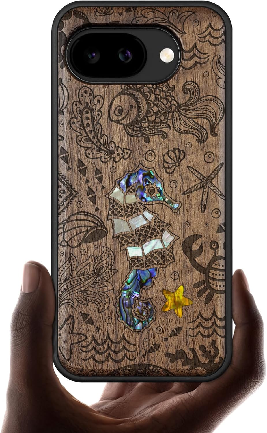 Carveit Magnetic Wooden Case for Google Pixel 10a Case, Wood Artisan Engraved & Handmade Shell Inlaid, Compatible with MagSafe Wireless Chargers (The Underwater World) Walnut