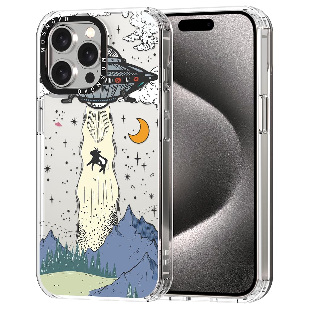 MOSNOVO Case for iPhone 15 Pro Max, [Buffertech 6.6ft Military-Grade Drop Protection] [Anti Peel Off Tech] Clear TPU Bumper Phone Case Cover Design - UFO