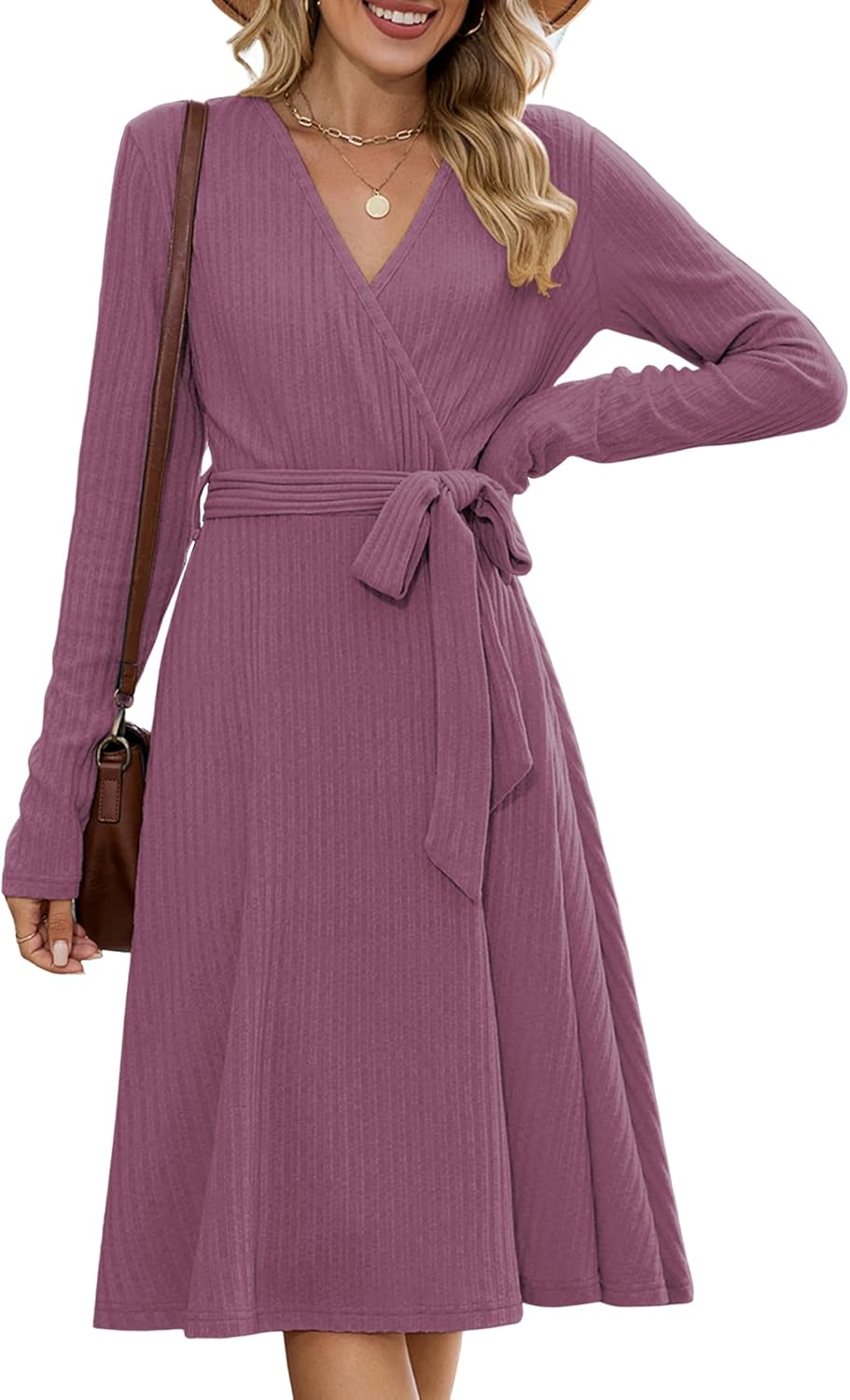 ZAFUL Women's 2025 Casual V Neck Long Sleeve Sweater Dress Wrap Ribbed Knit Pleated Midi Dresses with Belt