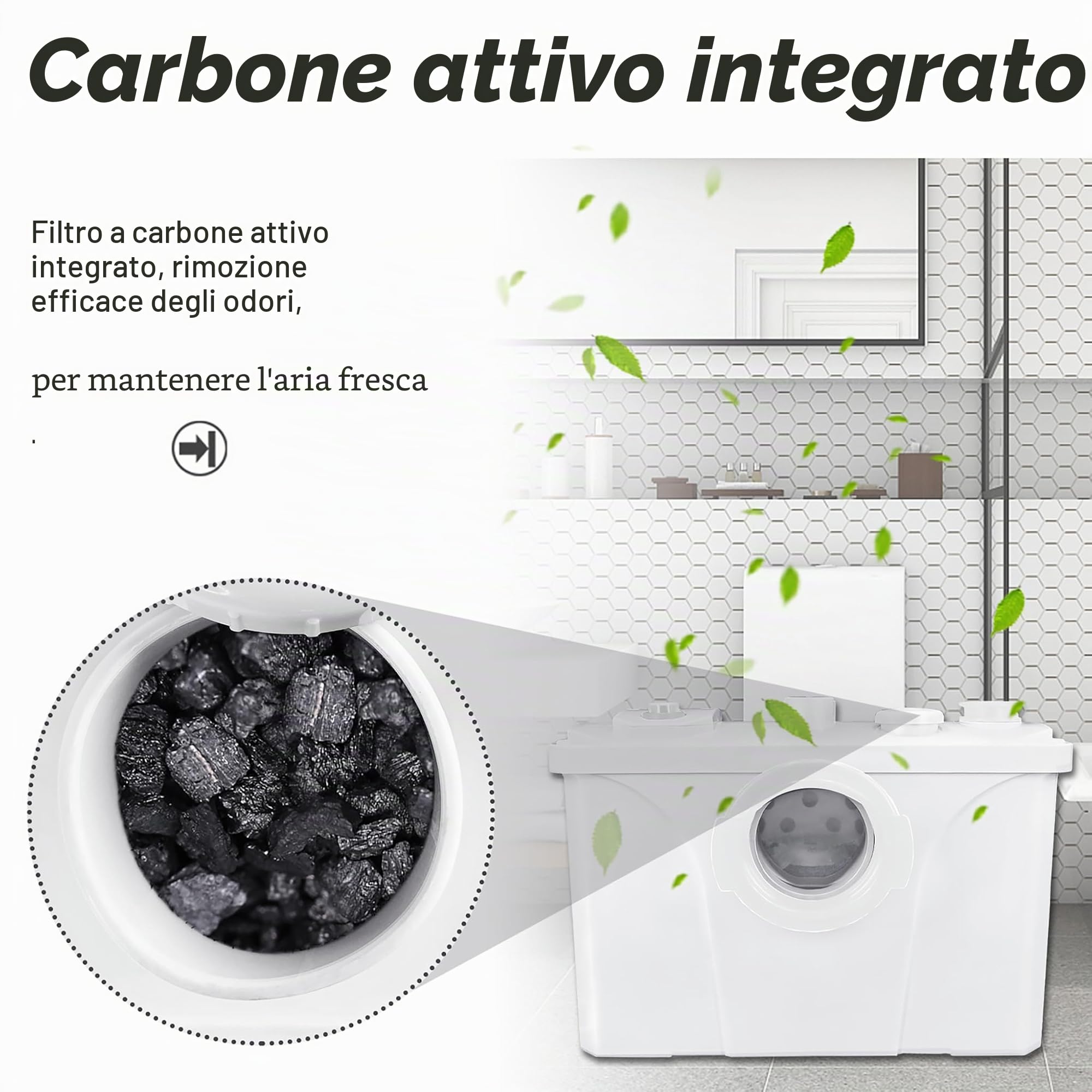 FIVMEN Impianto di sollevamento, 700 W, pompa sanitaria, 180 l/min, impianto di sollevamento piccolo, pompa per feci con filtro ai carboni attivi, lame in acciaio inox e 3 ingressi per WC, lavandino e