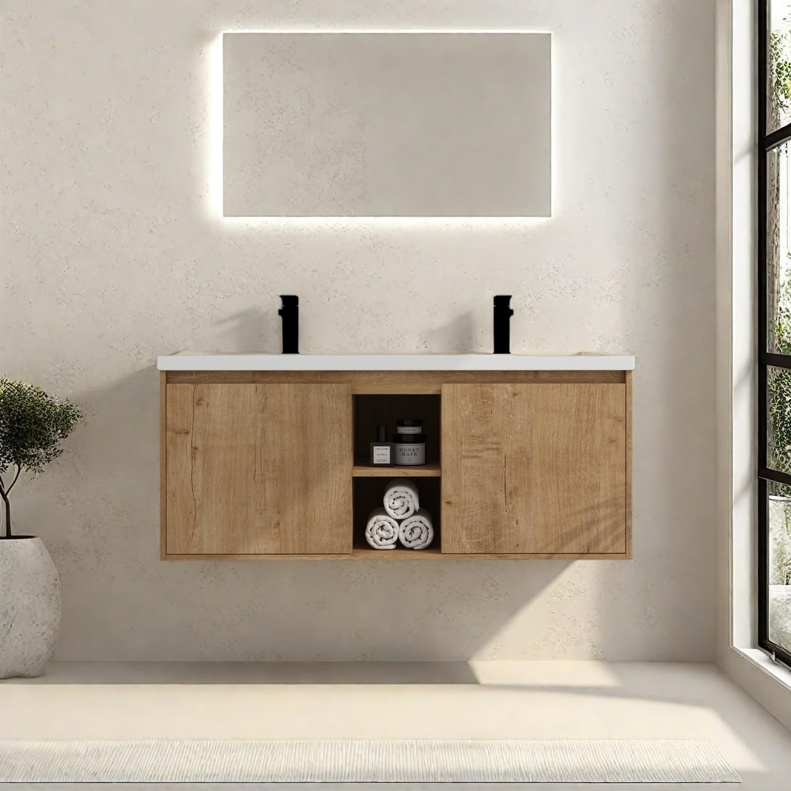 Floating Bathroom Vanity, 48" Bathroom Storage Cabinet with Double Resin Sinks, 2 Soft-Close Doors &amp; 2 Open Storage Shelves, Modern Wall-Mounted Vanity with 45° Bevel Handles, Oak