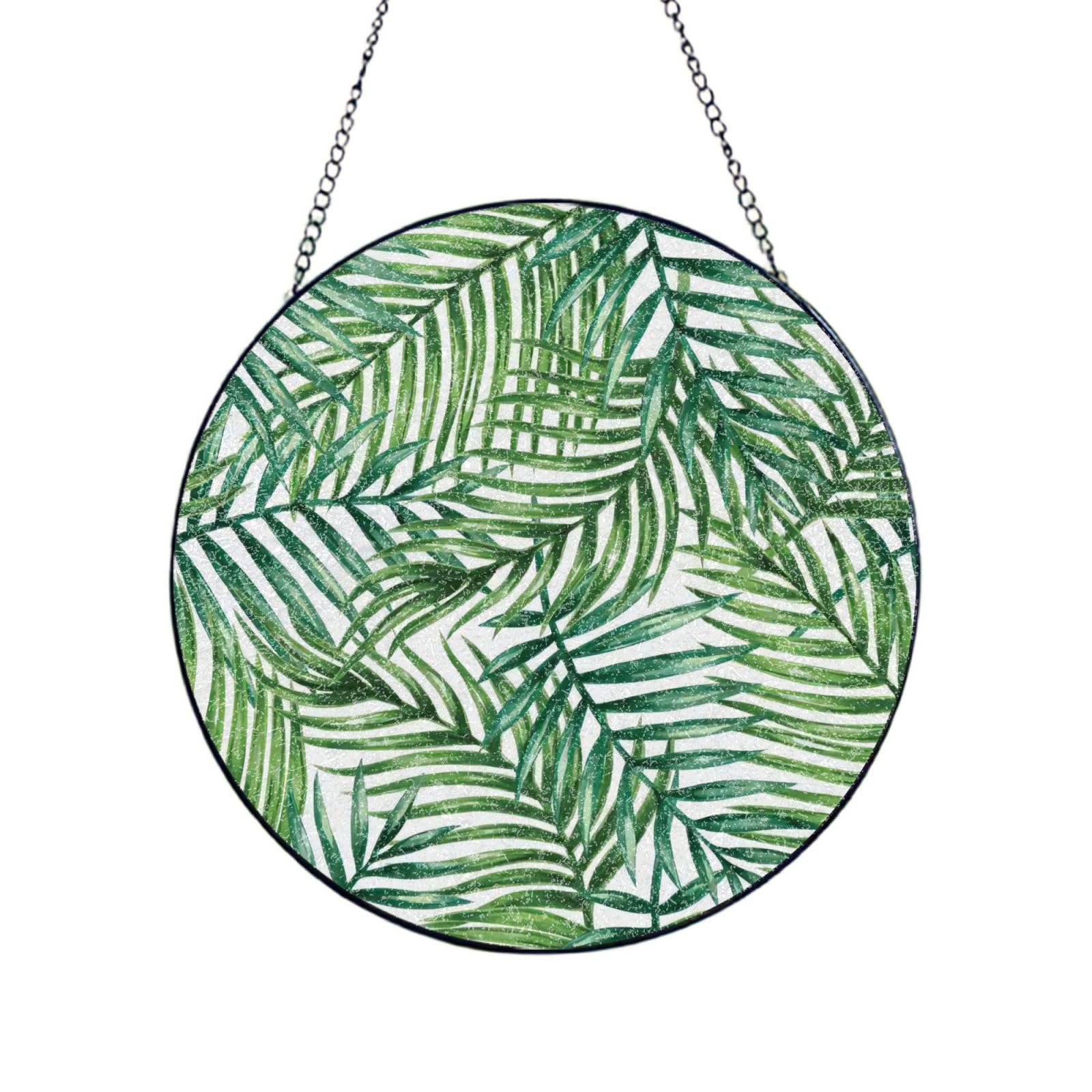 Phayah Tropical Palm Tree Leaves Watercolor Print Glass Window Hanging Sun Catchers Suncatcher Decor For Birthday For Home Garden Porch 12in（30cm）
