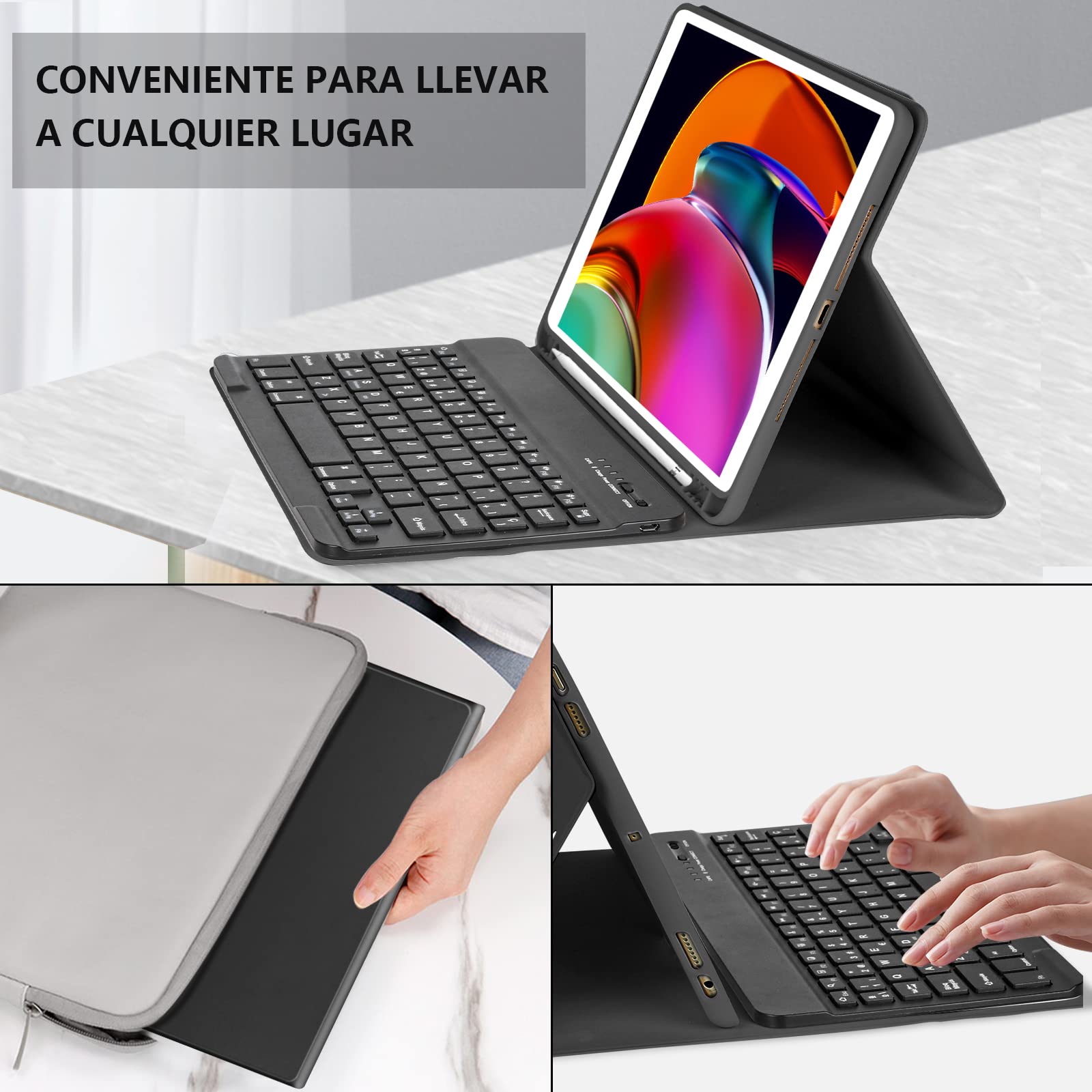 HOTLIFE Funda con Teclado para iPad 10.2 9th Gen 2021/iPad 8th 2020/iPad 7th 2019, Español Ñ con Inalámbrico Desmontable Teclado (QWERTY) para iPad Pro 10.5 2017/iPad Air 3 2019(Negro)