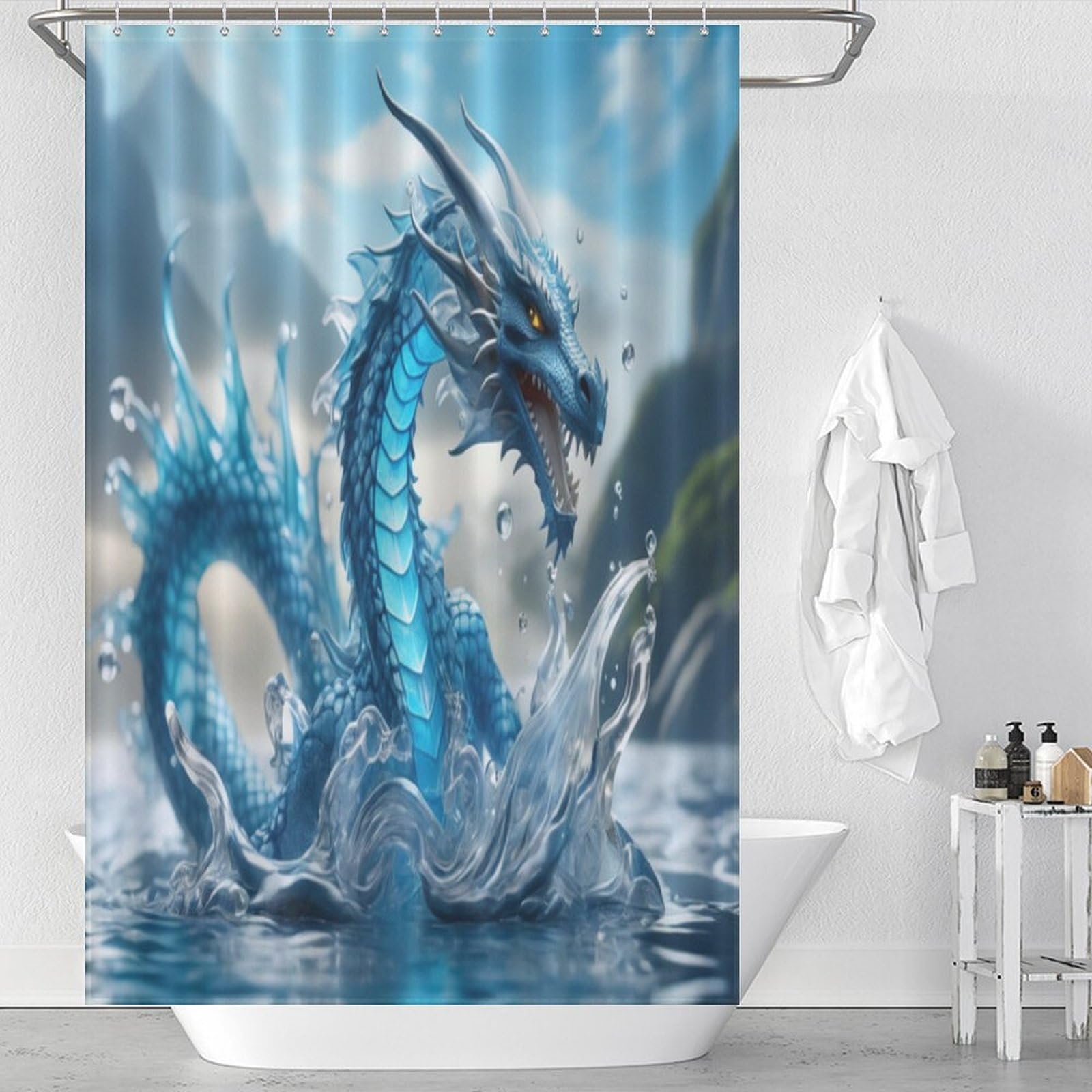 Rideau de douche dragon imperméable 122x183 cm pour baignoire avec 12 anneaux inclus