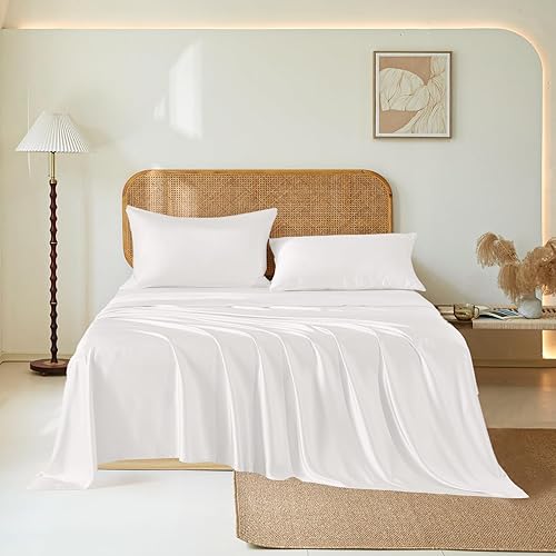 THXSILK Juego de sábanas de seda de morera de lujo, juego de 4 sábanas de seda de bolsillo profundo de 16 pulgadas, 1 sábana bajera, 1 sábana