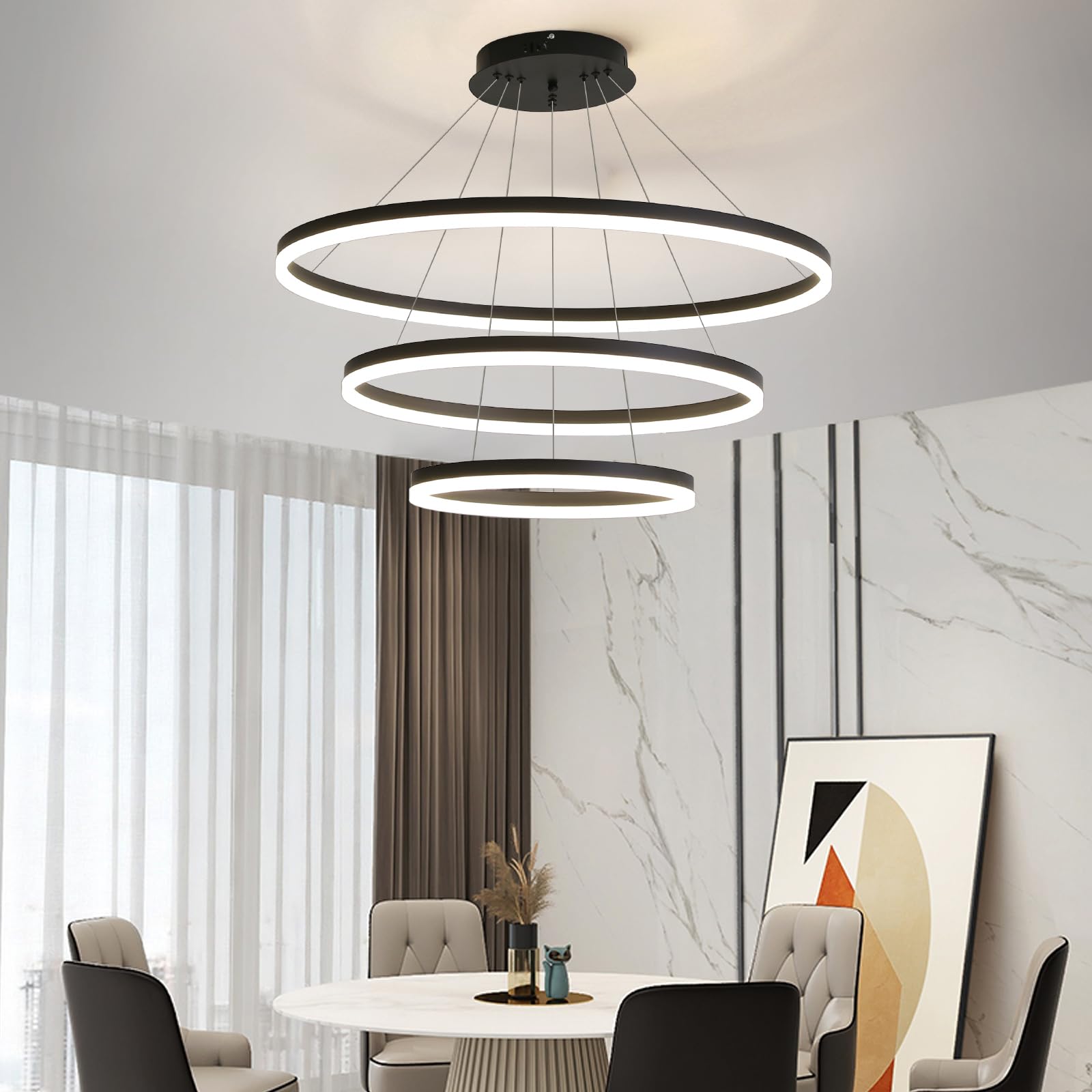 Modern Ceiling Chandelier Light, Acrylic Anti-Flicker Black Pendant Light Fixtures with Remote Control Dimmable 3 Color Mode & Brightness Island Lights for Kitchen Dining Room