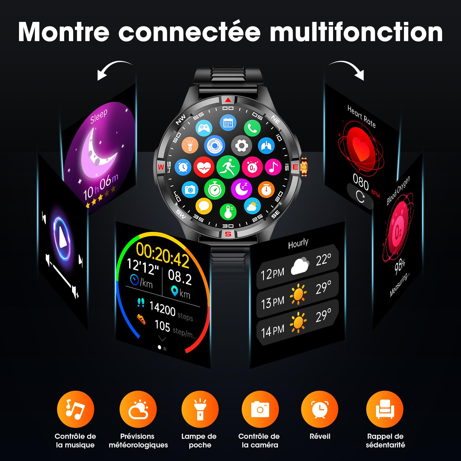 Sport Montre Connectée Homme 1000mah Grande Batterie, écran HD de 1,46 '' | Multi sport mode Fitness Tracker pour Android/iPhone, Boussole/Fréquence Cardiaque/Lampe de poche LED/IP68 étanche