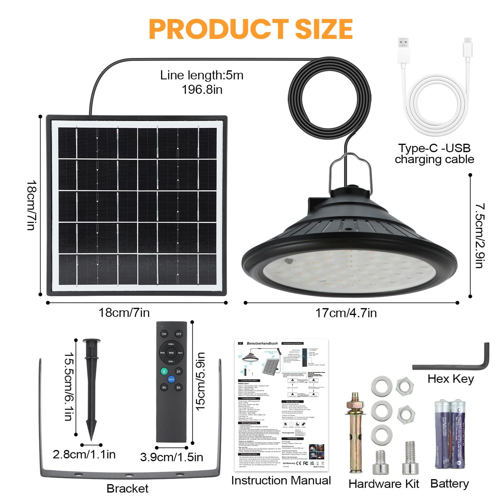 Solar Hängeleuchte - IP66 Wasserdicht, 4500mAh Wiederaufladbar, Fernbedienung, 3 Modi, 4 Helligkeitsstufen, 24H Zyklus Timer, 5.0 m Kabel - für Hühnerstall, Terrasse, Scheune, Veranda, Bauernhof