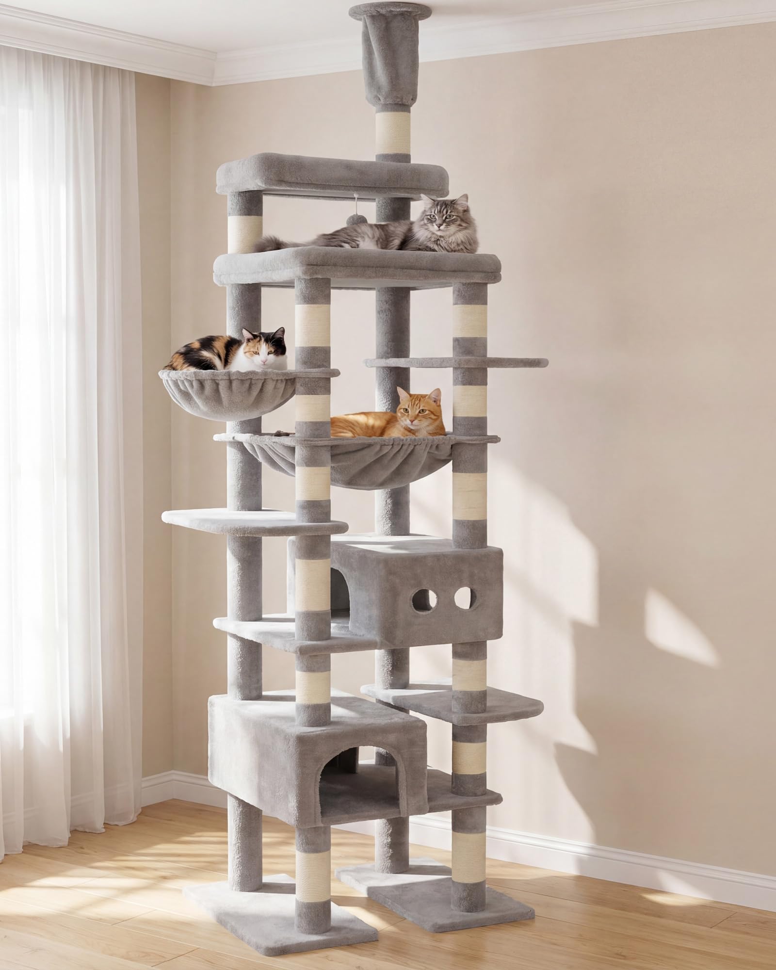 Heybly Arbre à Chat Sol Plafond 266-296 cm, Tour Large Multi-Espaces HCT92W | 2 Niches Douillettes, Coussins Amovibles, Panier Rond, Hamac Suspendu, Sisal Naturel, Structure Stable, Niveaux, Gris Clair